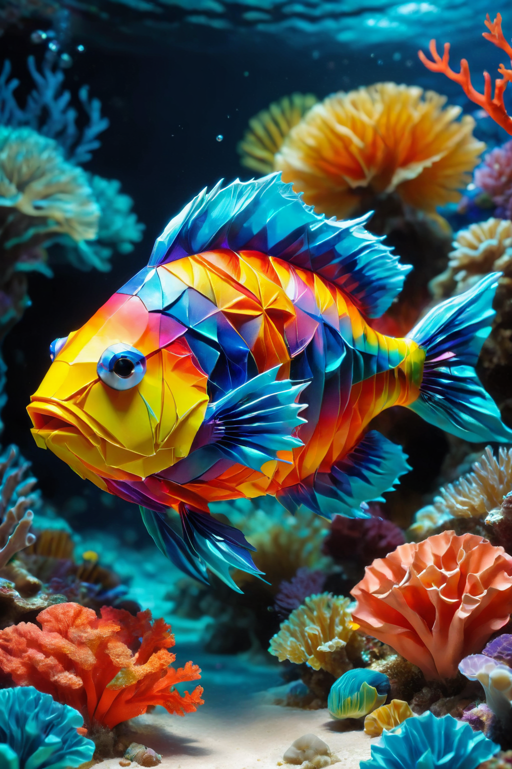 a colorful fish made of ral-orgmi swimming through coral reef, ultra-realistic, masterpiece, extremely detailed, <lora:ral-orgmi:0.6>,  <lora:SDXLFaeTastic2400:0.7>