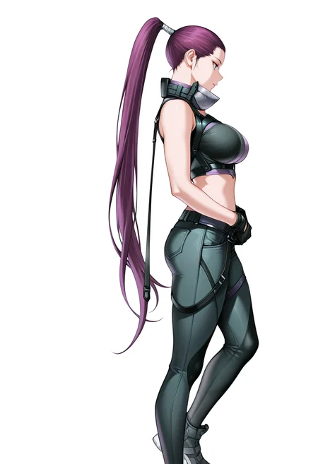 masterpiece,high quality details, ultra realistic, high detailed skin,absurdres,
<lora:Tasha_CNR:0.8> tasha_cnr, 1girl, purple hair, very long hair, ponytail, blue eyes, large breasts, midriff, crop top, pants, harness, strap,black gloves, shoes,, simple background, white background, from side,solo,, despair,color drain,
