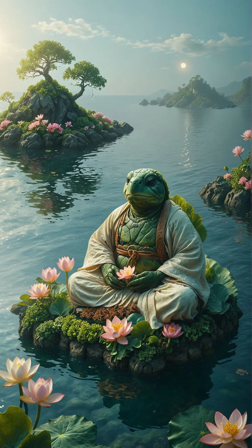 mystical, a wise old turtle monk meditating on a floating island above a tranquil ocean, wearing simple robes, surrounded by glowing lotus flowers, serene expression, soft moonlight casting a peaceful glow on the scene
<lora:ral-sld:1> ral-sld
<lora:add-detail-xl:1>
<lora:MJ52:0.35>,
<lora:SDXLFaeTastic2400:0.325>,
(settings by AIDigitalmediaaggency:0.0001),
OverallDetailXL