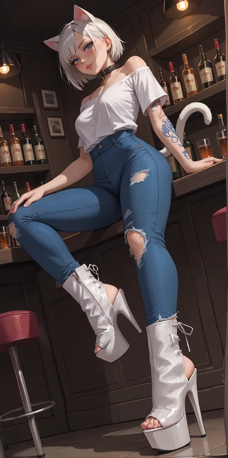 score_9, score_8_up, score_7_up, score_6_up,
source_anime,
dutch angle, from side, (low angle:1.2), foot focus, ,
1girl,
cat girl, cat ears, cat tail, collar,
sexy pose, v, contrapposto,
looking at viewer, seductive, blush, thick lips,
medium breasts, narrow waist, petite,
short hair, white hair,
torn jeans, (lowleg:1.1), groin,
loose shirt, torn shirt, white shirt, off shoulder, short sleeves,
arm tattoo,
(ad0re heels), platform footwear, white footwear, toes,
indoors, bar, dark theme, blue theme, night, dramatic lighting,