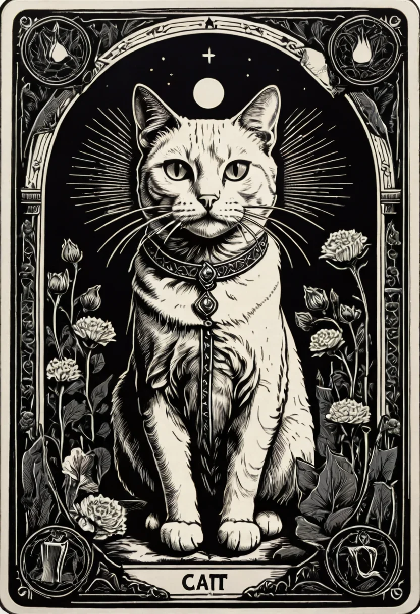 tarot_card, cat, front perspective, flat, frame,( square:1.1), (white outline:1.2) <lora:tarot_card:1>