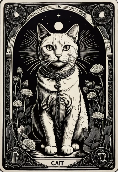 tarot_card, cat, front perspective, flat, frame,( square:1.1), (white outline:1.2) <lora:tarot_card:1>