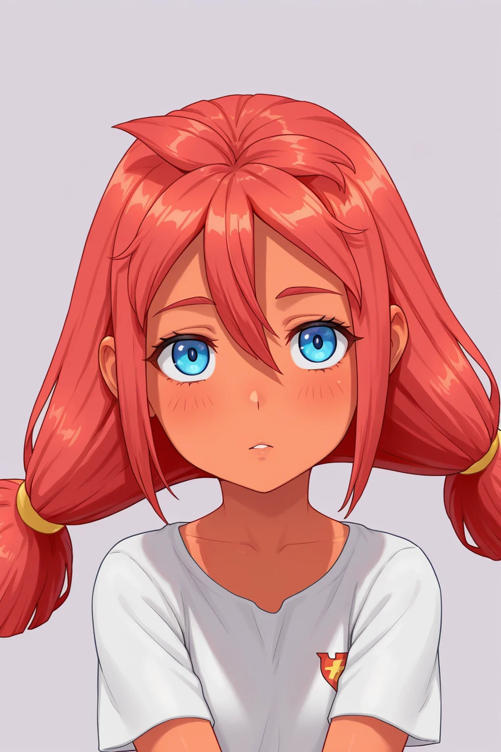 FUlyanaF, blue eyes, red hair, 1girl, solo, simple background, soft, smooth, very aesthetic, masterpiece, best quality, amazing quality, 8k, ultra-HD, high detail