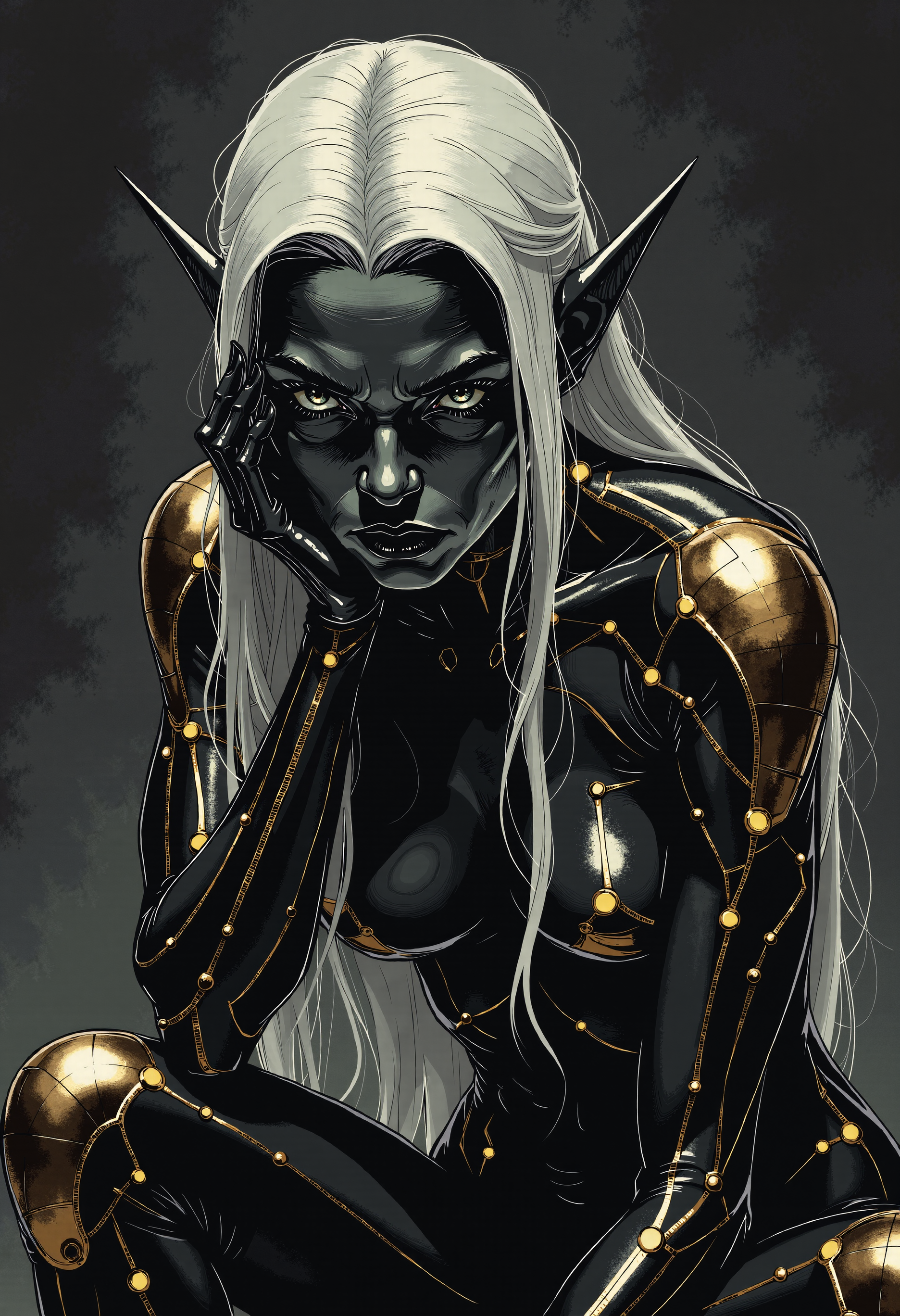 d4rkc0mic, A dark elf female with elegant close-fitting pointed ears, carbon fibre and matte darkcoal skin, striking silver eyes, and long flowing white hair. 

She wears a form-fitting black bodysuit adorned with intricate bronze circuit-like patterns and glowing orbs embedded at key points. 

She sits in a thoughtful pose with one hand with long pointed fingernails supporting her face. Set against a minimalist dark background with subtle shadowy elements. 

Fantasy concept art, highly detailed digital painting, matte painting, dark and cool tones, dramatic lighting highlighting the bronze elements against her dark sculpture form, elegant and mystical atmosphere, dark fantasy aesthetics