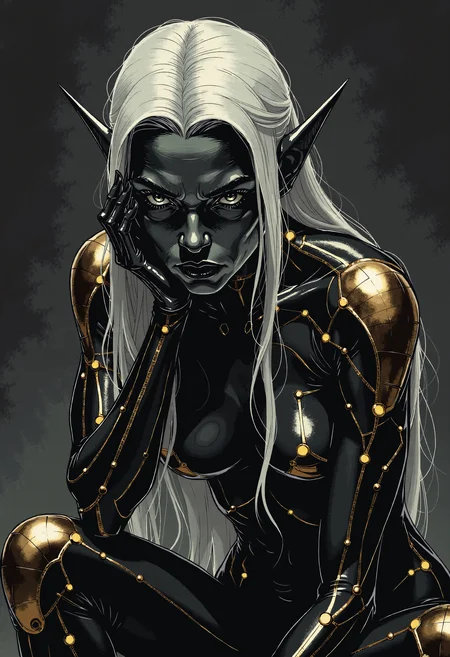 d4rkc0mic, A dark elf female with elegant close-fitting pointed ears, carbon fibre and matte darkcoal skin, striking silver eyes, and long flowing white hair.
She wears a form-fitting black bodysuit adorned with intricate bronze circuit-like patterns and glowing orbs embedded at key points.
She sits in a thoughtful pose with one hand with long pointed fingernails supporting her face. Set against a minimalist dark background with subtle shadowy elements.
Fantasy concept art, highly detailed digital painting, matte painting, dark and cool tones, dramatic lighting highlighting the bronze elements against her dark sculpture form, elegant and mystical atmosphere, dark fantasy aesthetics