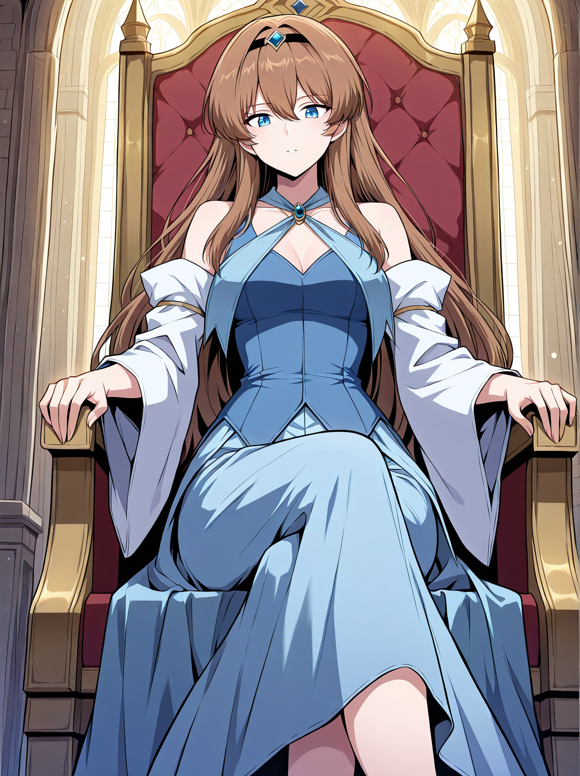 <lora:Anjac_Protesia__The_Knight_King_Who_Returned_with_a_God__Illustrious:1>
brown hair, long hair, hair between eyes, bangs, blue eyes
blue dress,  detached sleeves, hairband, skirt, long dress, wide sleeves, bare shoulders,
(Anime_source),Masterpiece,(perfect female body:1.2), small waist,(incredibly detailed:1.4), slim, beautiful fingers, parted lips, looking at viewer, sitting on throne, crossed legs, castle room background