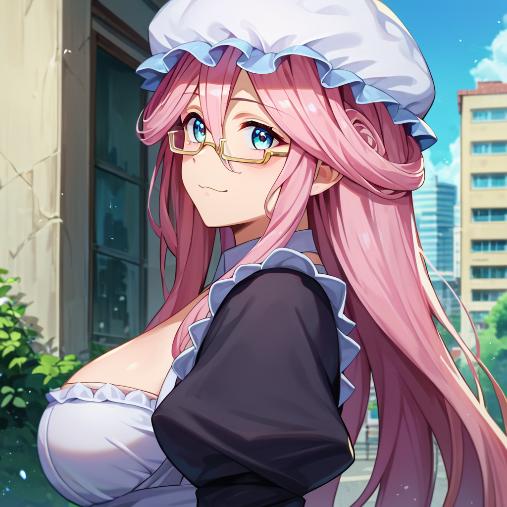 <lora:Pony_XL_Meroune_Lorelei_Monster_Musume_no_Iru_Nichijou:1> score_9, score_8_up, score_7_up, score_6_up, rating_safe, side view, 2/3 view, 1girl, nin_meroune, ears hidden under hair, alternate twirly hairdo, lower half frame glasses, white mob cap, maid costume, turning face to viewer, city outdoors