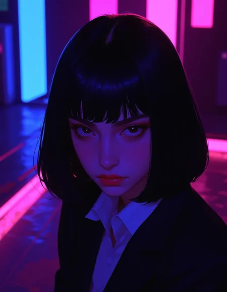 A high-resolution retro anime-style illustration featuring a beautiful girl with a classic hime-cut hairstyle, her sleek black hair framing her delicate face with precision. She wears a black formal suit tailored to her slender figure, exuding elegance and mystery. Her deep, sensual eyes hold an intense gaze, accentuated by thick, bold outlines and subtle airbrush highlights that add depth to her expression.
The background is dark, illuminated by neon lights in electric blues, purples, and pinks, which reflect softly on her pale skin, creating a mesmerizing contrast. The colors are vibrant yet slightly muted, evoking the nostalgic aesthetic of 80s and 90s anime. Flat cel shading defines the shapes, while halftone patterns and slight color bleeding give the illustration a vintage printed feel. Hand-drawn imperfections, a subtle VHS glow, and a fine film grain overlay add authenticity, making the piece feel like a lost frame from an old anime film. The atmosphere is moody and intimate, blending retro futurism with classic anime beauty.