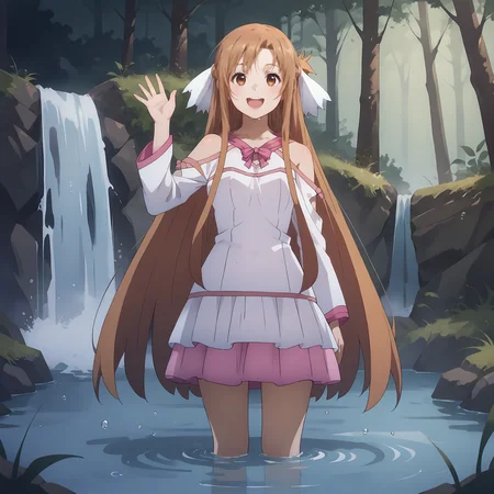 score_9, score_8_up, score_7_up,source_anime, 1girl, <lora:Asuna_Stacia_nightgown:0.9> astnig, asuna \(sao\), brown hair, long hair, brown eyes, white hair ribbon, off shoulder, long sleeves, halterneck, ribbon trim, white nightgown, two-tone dress, pink trim, layered skirt, full body, forest, waterfall, wading, water drop, laughing, waving, <lora:add-detail-xl:1.5>