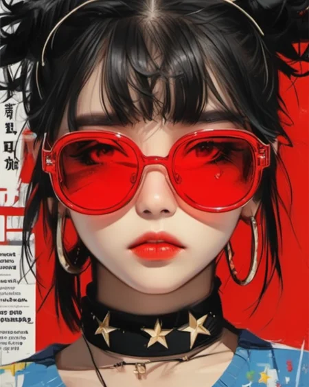 (poster art:1.5),
 <lora:Poster_XL:1>, 
1girl, bangs, black hair, blonde hair, choker, close-up, closed mouth, double bun, earrings, goggles, half-closed eyes, lips, looking at viewer, parted lips, portrait, red-tinted eyewear, solo, star (symbol), sunglasses, upper body