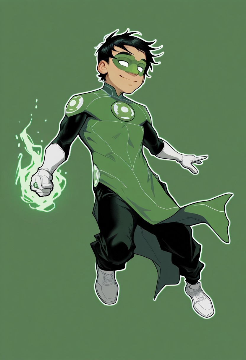 masterpiece, absurdres, high quality, perfect anatomy, 1boy, solo, cute boy, male focus, TaiPham, Black Hair, Green Lantern Ring, Green Lantern Costume, Green and Black Bodysuit, Green Domino Mask, White Eyes, White Gloves, Pelvic Curtain, Black Pants, White Shoes, Glowing Green Outline, Green Energy Aura, floating, levitating, big smile, cinematic, intricately detailed illustration, depth of field, masterpiece, best quality, amazing quality, very aesthetic, absurdres, newest, very awa,  shadow, dynamic angle, casual cosplay, dynamic pose, simple background, green theme, beitemian style