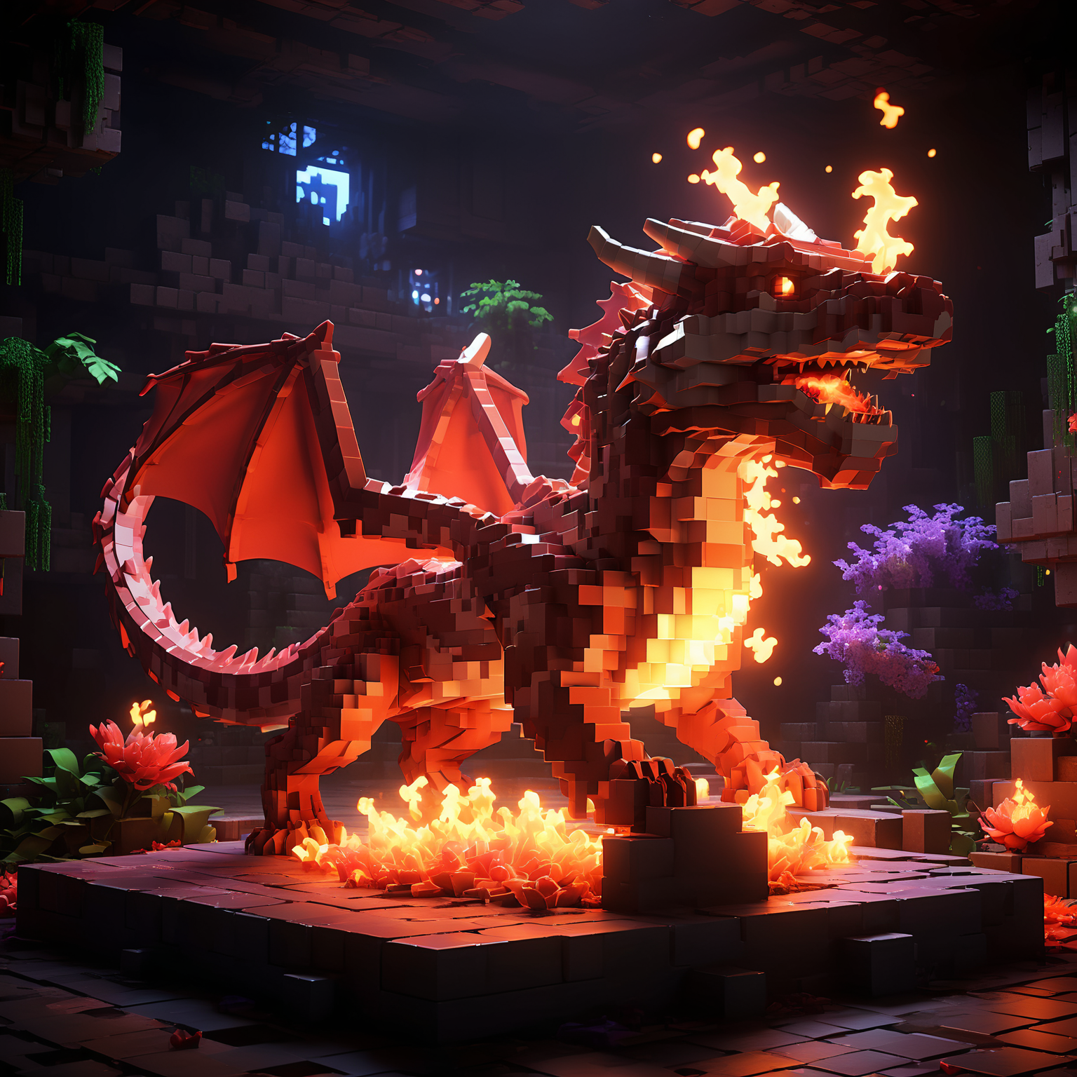 Blocky and pixelated aesthetic ,pixel art, 4k, realistic, game CG rendering, nature light, shadows, minecraft, complex dark red dragon spitting fire, neon lights, bloom, ultra high resolution, nvidia, shiny, spectral, atherial, <lora:minecraft:0.8>