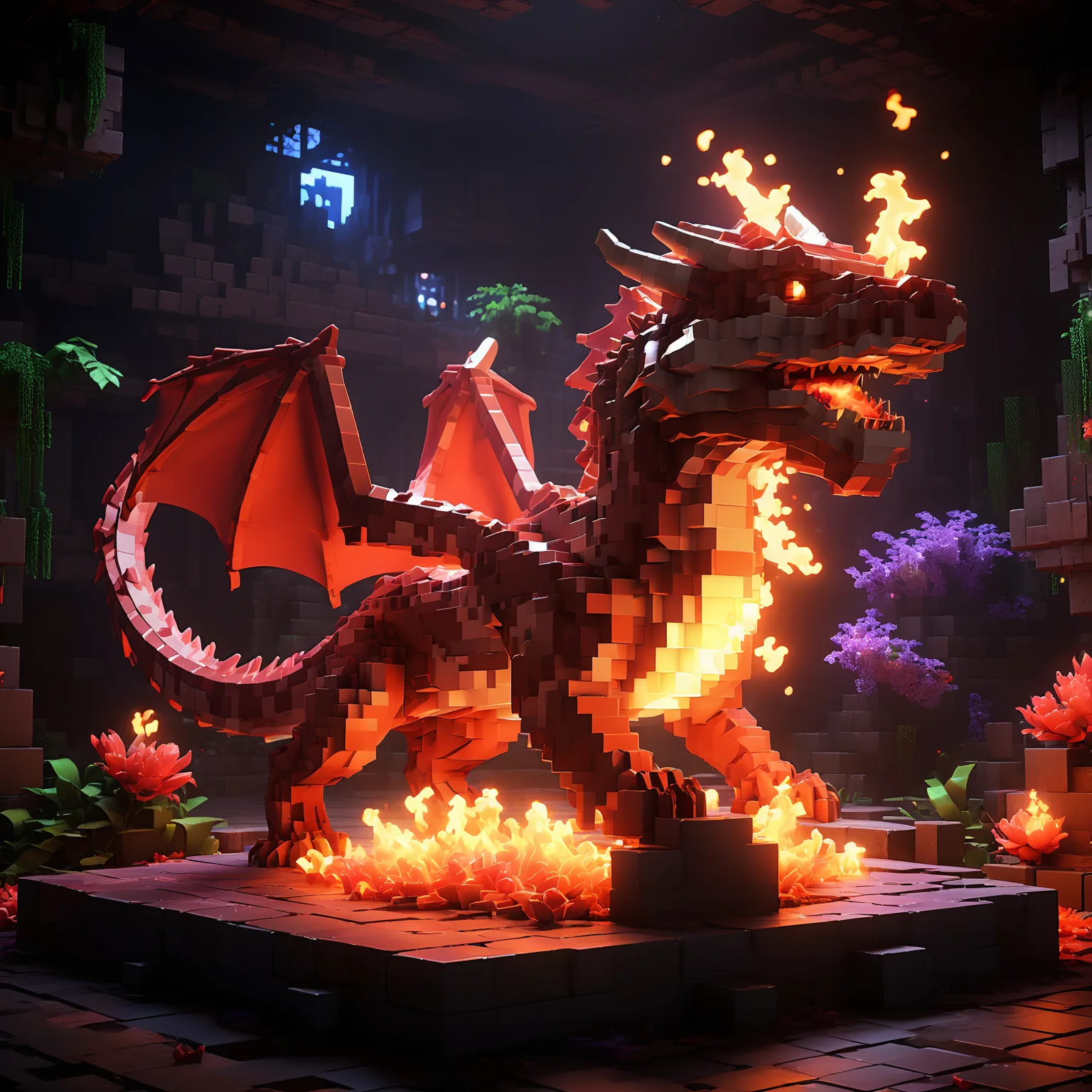 Blocky and pixelated aesthetic ,pixel art, 4k, realistic, game CG rendering, nature light, shadows, minecraft, complex dark red dragon spitting fire, neon lights, bloom, ultra high resolution, nvidia, shiny, spectral, atherial, <lora:minecraft:0.8>