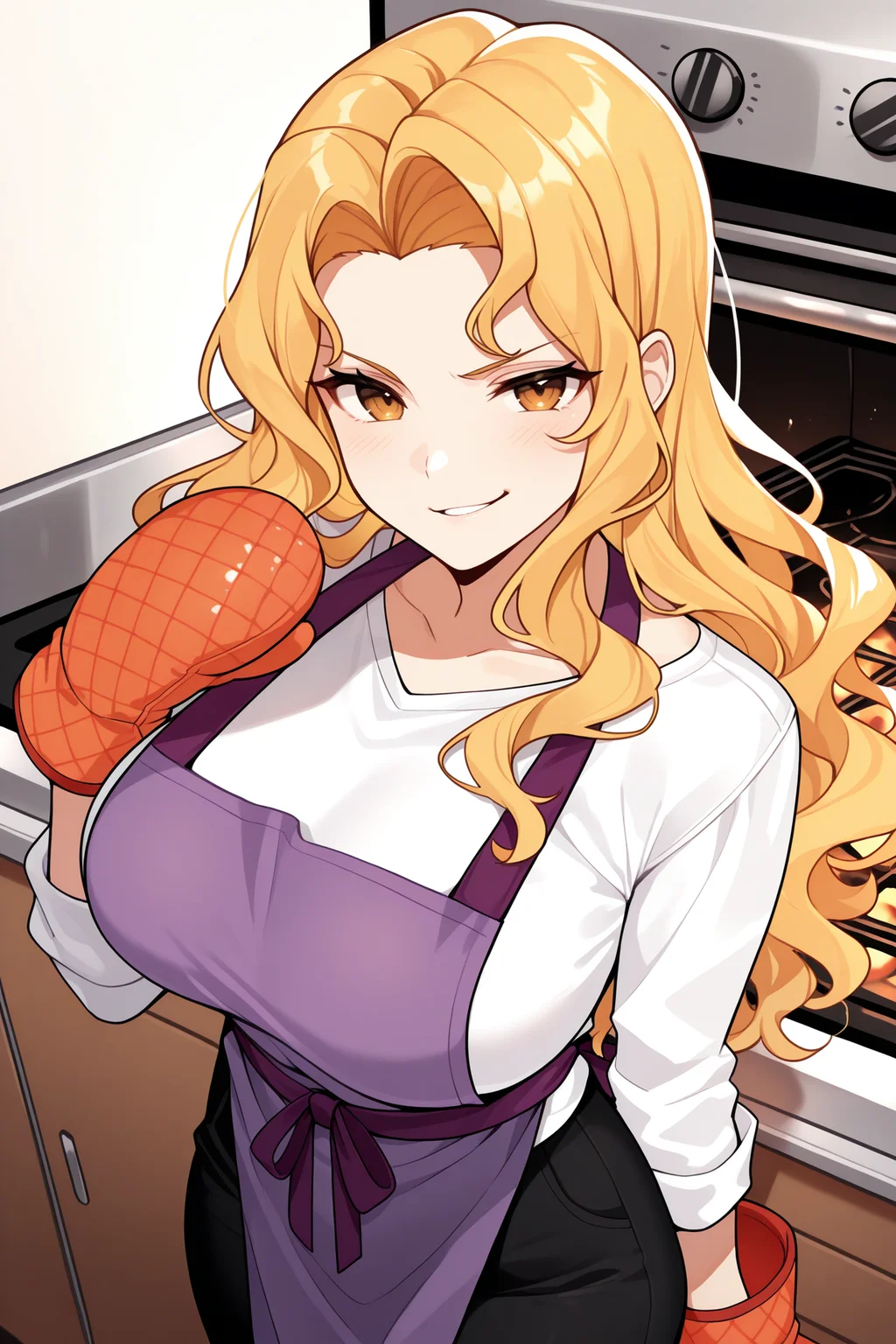 masterpiece, best quality, 1girl, solo, <lora:febrigid-illu-nvwls-v1-000006:1> prtbgd, blonde hair, long hair, wavy hair, amber eyes, large breasts, white shirt, long sleeves, purple apron, black pants, oven mitts, looking at viewer, smirk