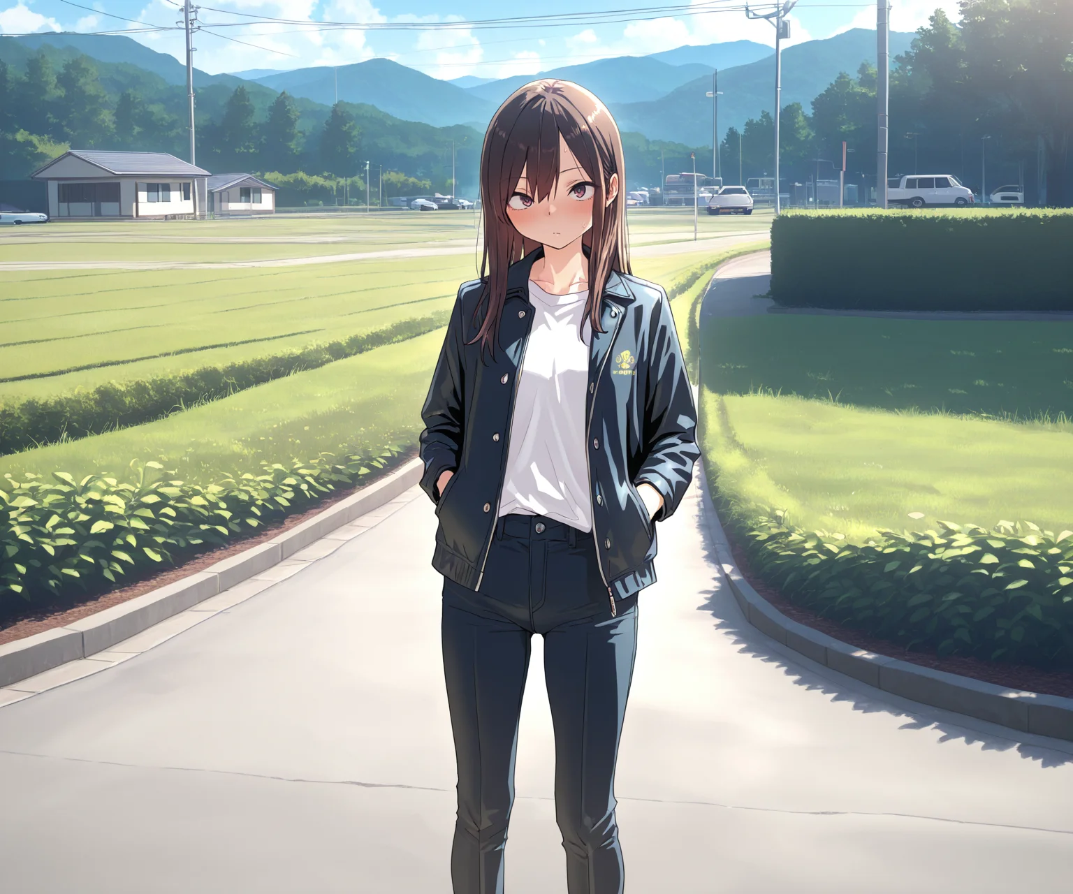 masterpiece, best quality, amazing quality, 1girl, solo, shirt, jacket, pants, sfw, outdoors, <lora:Yamadanoseikatsu style ILL-v2:1> Yamadanoseikatsu