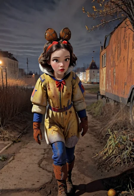 Rusted, rusted landscape, an Disney princess Snow White, wearing a Hazmat suit, walking on a side walk in a run down russian city, smoke, chem trails, extreme close-up, portrait, raw, masterpiece, extreme insanely realistic detailed and intricate, extreme realistic detail, doomer aesthetics, depressing feelings, night, panelka,vintage painting,painting,realism,