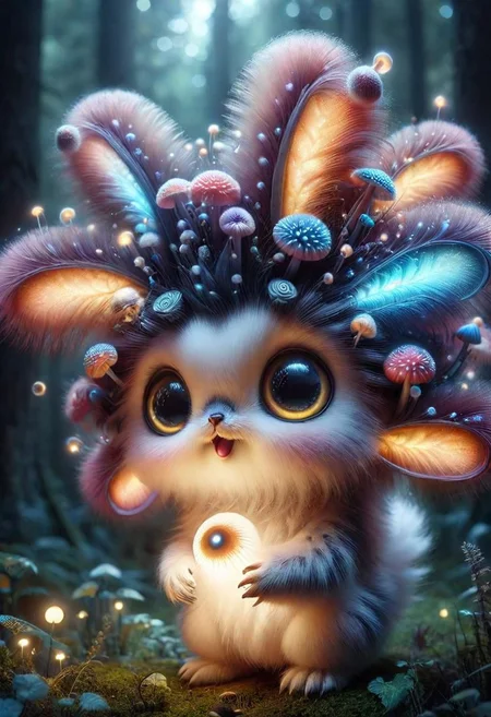 Mix the glowing-mushrooms, bunny and curly fur to create adorable magical creature with big glowing eyes, masterpiece, Surrealism, close-up, macro photo, f/1.2, backlighting, Albert Edelfelt, multicolored hair