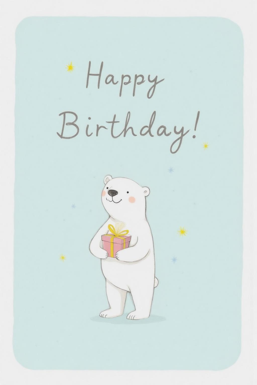al1ca Illustration. 
A simple birthday card featuring a cute polar bear. The background is light blue, with a minimal white border. The polar bear stands in the center, holding a small gift box. Above the bear, in playful handwritten text, it says: ‘Happy Birthday! <lora:al1ca1_cap_d6a3e11:1.0><lora:828065249660992038:0>
