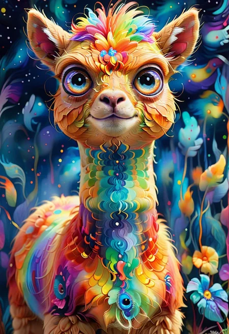 Radiant, big-eyed very fluffy alpaca at night, abstract art by Anne Truitt, Synthetism, psychedelic colors, psychadelicchaos, psychadelic, sharp focus, highly intricate, full color, confident, intricate artistic color, handsome, ncpy45 style watercolor