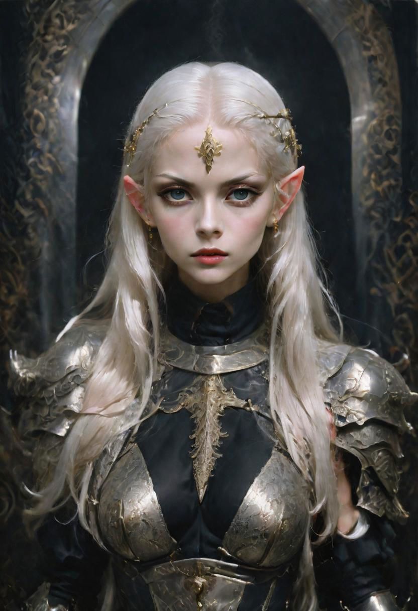 analog film photograph of the high queen, an elf female of unearthly beauty, very long straight white hair, very pale pink skin, light grey eyes, (natural ears:1.2)
mysterious smirking expression, looking down at the viewer, wearing (intricately decorated Milanese black (full cuirass) plate armor:1.4), intricately decorated with a damask, gold inlay, (brandishing a glowing sword pointed at the viewer:1.9),
elf queen, full body shot,
1girl, GLOWING STYLE