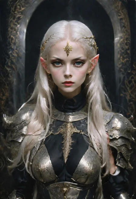 analog film photograph of the high queen, an elf female of unearthly beauty, very long straight white hair, very pale pink skin, light grey eyes, (natural ears:1.2)
mysterious smirking expression, looking down at the viewer, wearing (intricately decorated Milanese black (full cuirass) plate armor:1.4), intricately decorated with a damask, gold inlay, (brandishing a glowing sword pointed at the viewer:1.9),
elf queen, full body shot,
1girl, GLOWING STYLE