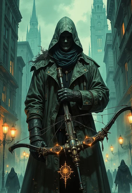 A mysterious, cloaked hunter standing amidst a dark, eerie, Victorian-inspired cityscape in a dramatic, action-ready pose. The hunter is dressed in a weathered, long trench coat with intricate stitching, a wide-brimmed hat that casts a shadow over their masked face, and reinforced leather armor adorned with metallic buckles and straps. They hold an ornate, mechanical crossbow, its design featuring gears, engravings, and glowing runes along its limbs, aimed slightly upward in a ready stance.
The background features towering, decayed buildings with shattered windows and gothic architecture, enveloped in a thick, teal-hued mist that enhances the ominous atmosphere. Dimly lit street lamps and faint orange embers drift in the air, adding warmth to the otherwise cold and desolate setting. Silhouettes of monstrous creatures lurk in the foggy distance, hinting at danger. The foreground is illuminated with soft, focused lighting, accentuating the texture of the hunter’s attire and weapon, while the rest of the scene is cast in moody shadows. overlaying the hunter and adding a supernatural, arcane touch.