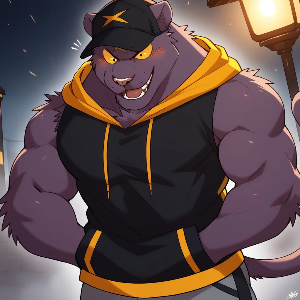 1boy, solo, anthropomorphic panther, muscular, large pecs, furry male, male, strong build, purple panther, purple fur, claws, black dot eyes, black eyes, anthro panther tail, 4k, masterpiece, best quality, detail background, Black Sleeveless Hoodie, two tone color Sleeveless Hoodie, Short Sleeve Hoodie, Gray Shorts, sports shorts, Orange and Black Color Scheme, Sporty Cap, black cap with a logo on the front, early morning city street, dense fog rolling in, soft orange glow from streetlights, quiet and deserted, Ray in a hoodie with hands in his pockets, muted sounds of distant traffic, cool and eerie atmosphere, fog swallowing the skyline in the distance, close up, upper body, from above, perfect angle