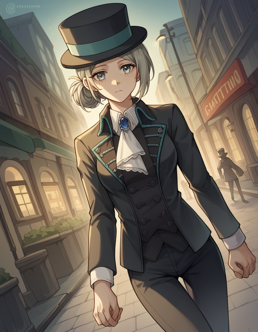 score_9, score_8_up, score_7_up, source_anime, <lora:reverse1999-vertin-ponyxl-lora-nochekaiser:1>,, vertin, freckles, grey eyes, grey hair, hair bun, short hair, medium breasts,, hat, suit, top hat, long sleeves, pants, black pants, ascot, gemstone,, city street, evening, streetlights, walking dog, quiet neighborhood, gentle breeze, , , hand holding a pencil, solo,, cowboy shot, dutch angle