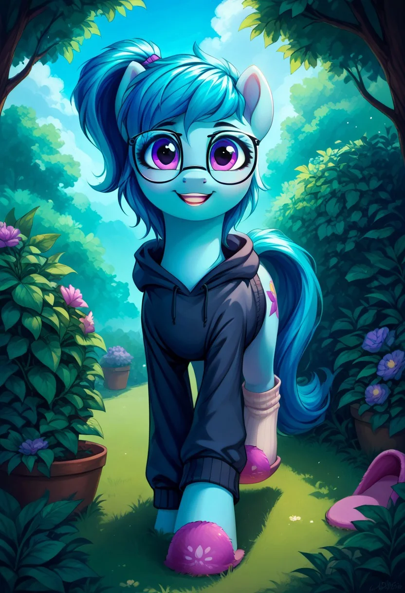 safe_pos, safe_pos, score_9, score_8_up, score_7_up, score_6_up, body light gray,
body is blue,
the birch tail and mane are tied in a ponytail with a purple elastic band,
eyes purple,
dark hoodie,
white socks,
pink slippers,
(glasses:1.2)
Whispy Slippers


 realistic illustration, dramatic angle, outside, garden, (day), , solo, pony, my little pony,  body, shiny skin,  looking at you, happy playful, cheerful dramatic 
solo