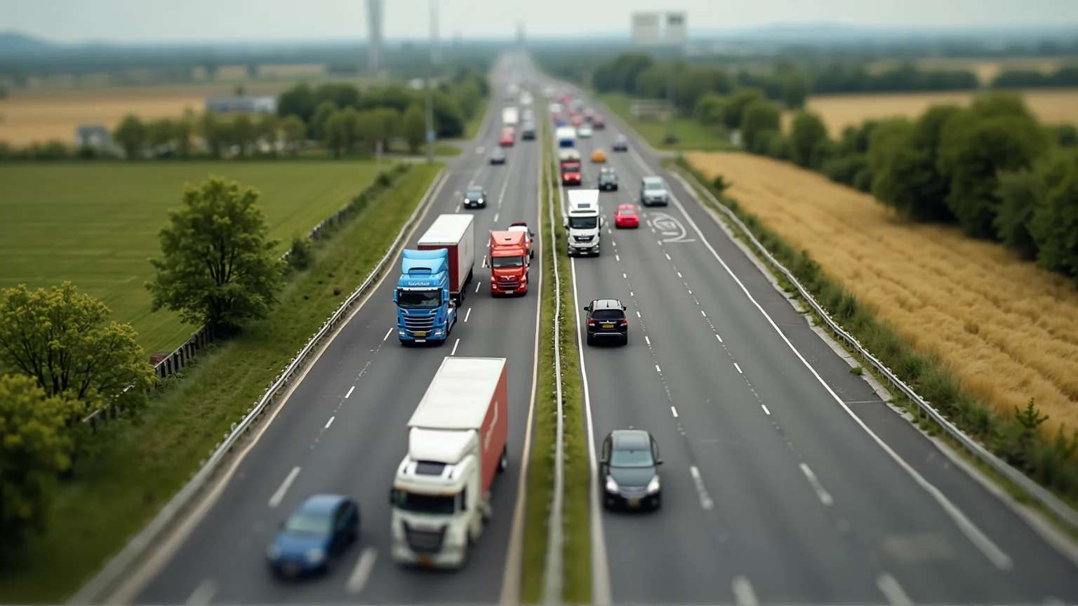 A photo-realistic shoot from a bird's eye view of a miniature model set, highway trucks cars traffic, a shallow depth of field, fields and trees beside motorway, bridge, roads