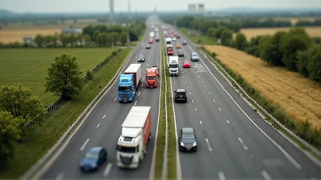 A photo-realistic shoot from a bird's eye view of a miniature model set, highway trucks cars traffic, a shallow depth of field, fields and trees beside motorway,  bridge, roads