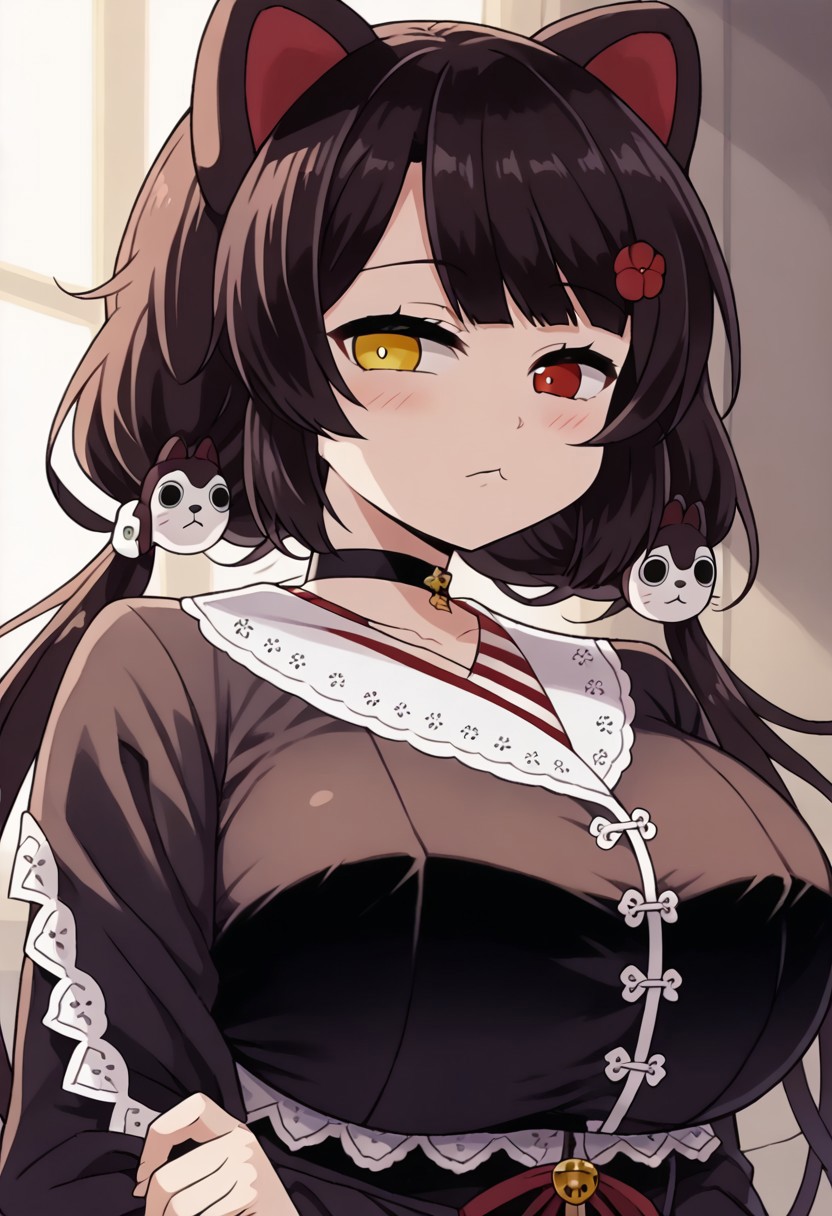 1girl, inui toko, dog girl, heterochromia, closed mouth, choker,  :<, frills, black hair, dog ears,virtual youtuber, hair flower, flower, animal ears, brown hair, long hair, yellow eyes, twintails, hair ornament, low twintails,  red eyes,  <lora:pony_char_inui_toko-000006:1>,,,,,, anime coloring, anime screencap, 1girl,Solo ,, anime,PUFFY nipple,huge breasts,,official art, Uncensored ,Unedited ,,,, , ,,,