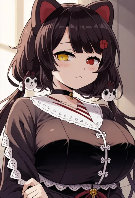 1girl, inui toko, dog girl, heterochromia, closed mouth, choker, :<, frills, black hair, dog ears,virtual youtuber, hair flower, flower, animal ears, brown hair, long hair, yellow eyes, twintails, hair ornament, low twintails, red eyes, <lora:pony_char_inui_toko-000006:1>,,,,,, anime coloring, anime screencap, 1girl,Solo ,, anime,PUFFY nipple,huge breasts,,official art, Uncensored ,Unedited ,,,, , ,,,