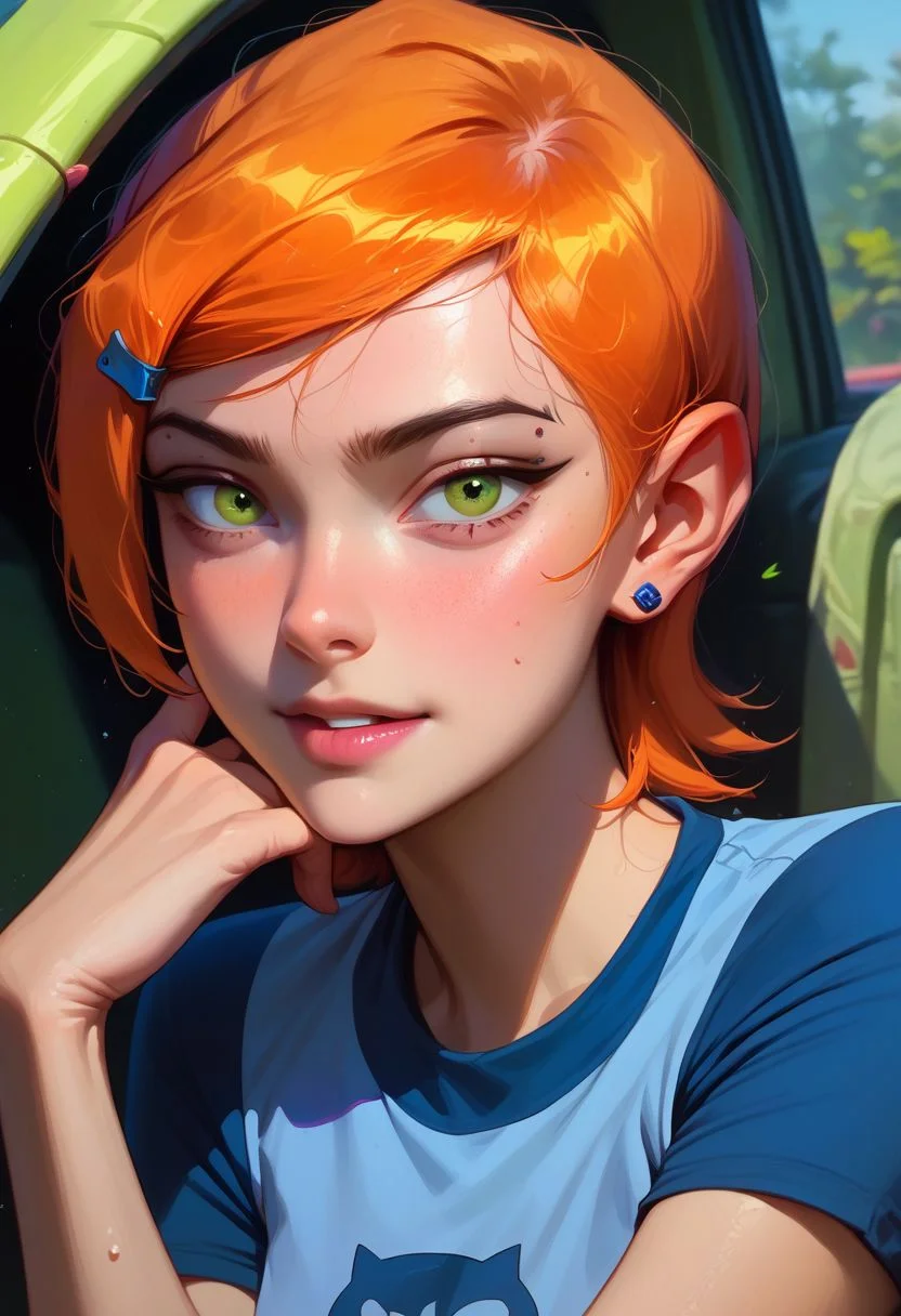 score_9, score_8_up, score_7_up, score_6_up, score_5_up, score_4_up, 1girl, slim, fit, realistic, beautiful eyes, gwen tennyson (/Ben10)/,(ultra HD quality details), bright orange hair, short hair, (green eyes), mouth opened, hiding, focusing on colorful beetle