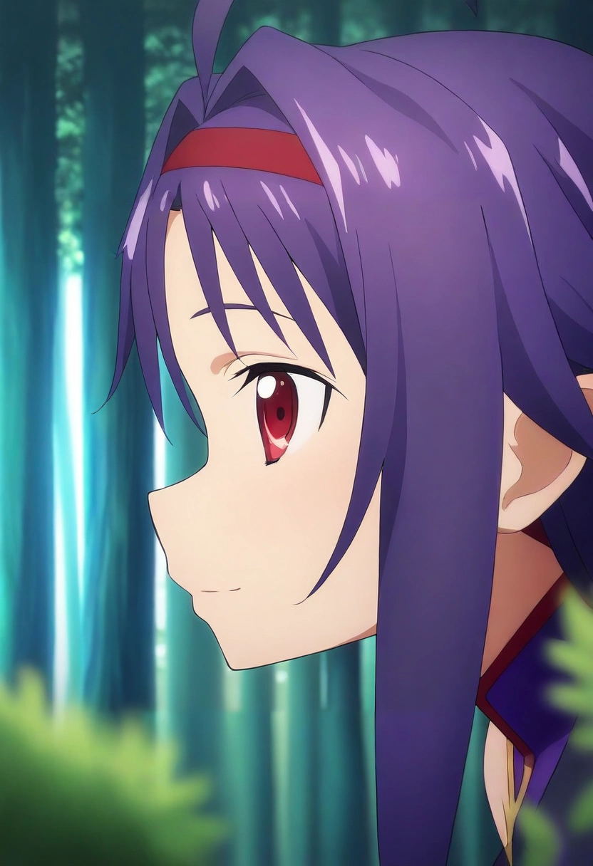 masterpiece, best quality, , intricate details, looking at viewer, depth of field, 1girl, yuuki \(sao\), purple hair, red eyes, long hair, solo, profile, forest, indoors, light, the pose, giggling, <lora:sao_alicization_style_ilxl:0.94>, sao_alicization_style,