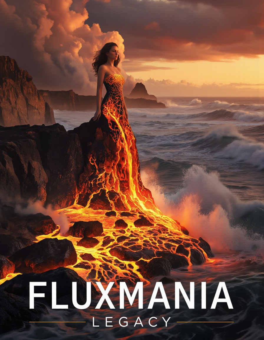 A high quality photograph shows a woman with long wavy hair, standing on a cliff at sunset and wearing a dress made of lava flows. The dress appears to be strapless and flowing with its upper part made of complex and luminous lava patterns that gradually, going down the dress, become liquid lava that flows over the surrounding rocks and pours into the sea in large flows. The contact of the lava with the water releases enormous clouds of smoke that catch the rays of the setting sun to give a sublime spectacle. The background shows breaking waves and a dramatic sky with warm and golden hues. The image uses natural lighting and has a very high aesthetic quality. Taken with a wide aperture, probably f/2.8, and a low ISO for sharpness. The composition uses leading lines and the rule of thirds, with a shallow depth of field keeping the background slightly blurred.
Display in large characters the text "Fluxmania Legacy" at the bottom of the image