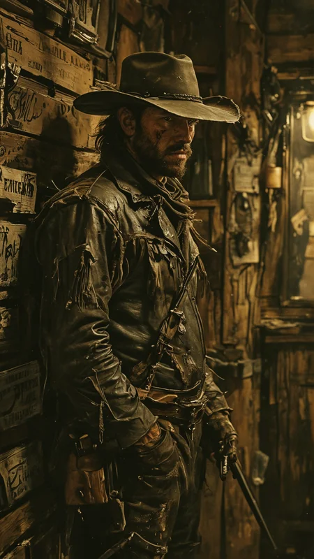 Dark fantasy style depiction of an American hunter. He wears rugged, worn-out leather clothes, a wide-brimmed hat with dark feathers, and has a weathered face with a scar running down his cheek. He holds a vintage rifle with intricate engravings. The setting is a dimly lit Texas saloon, with wooden walls, a long bar lined with old liquor bottles, and a few patrons casting wary glances. Shadows loom, giving a sense of mystery and danger. The overall atmosphere is gritty and dark, with flickering lantern light casting eerie shadows.
<lora:add-detail-xl:2> <lora:MJ52:0.5> <lora:ink-style_A3.1_XL:0.66> (ink-style, ink_wash_painting)