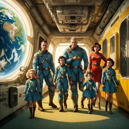 family living on a large spacious space station orbiting earth carpeting large windows controls levers (AtomPunkStyleSD15:1.0)
(masterpiece:1.5) (painting:1.1) (best quality) (detailed) (intricate) (8k) (HDR) (wallpaper) (cinematic lighting) (sharp focus)