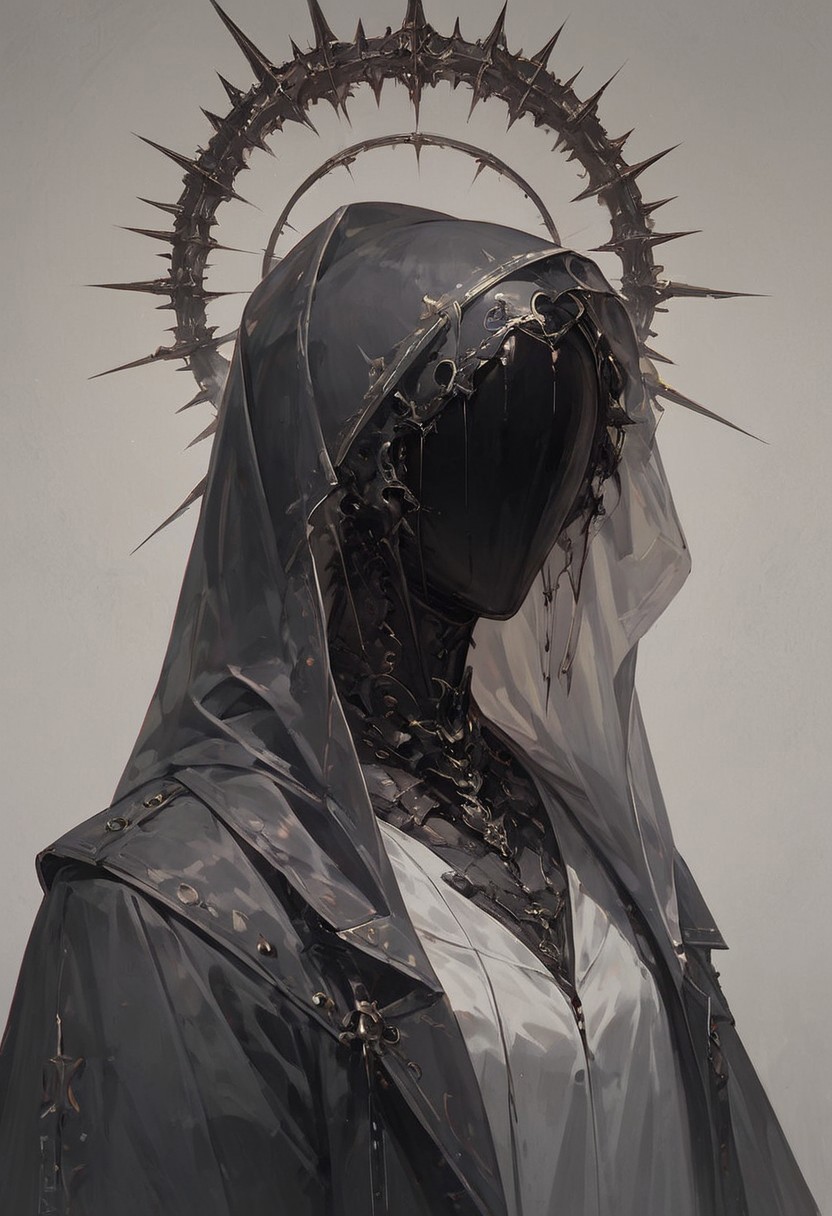 ((score_9, score_8_up, score_7_up)), modern-style colour illustration, bold & powerful, lifelike art, evil & dark robes, detailed setting, dark and moody lighting, ferent poses, inset reaction shot, rich & seductive, freckles, reaction frame, solo, veil, hood up, smoke in the backround, black grey outfit, dark backround, smoke