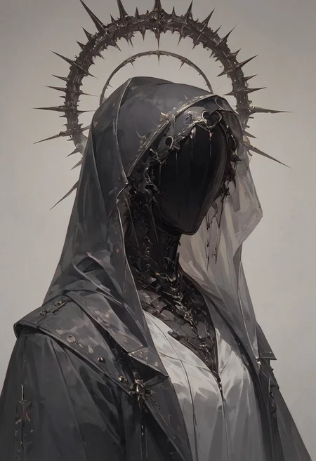 ((score_9, score_8_up, score_7_up)), modern-style colour illustration, bold & powerful, lifelike art, evil & dark robes, detailed setting, dark and moody lighting, ferent poses, inset reaction shot, rich & seductive, freckles, reaction frame, solo, veil, hood up, smoke in the backround, black grey outfit, dark backround, smoke
