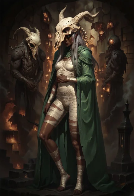 masterpiece, best quality, newest, absurdres, highres, DFOP-V3.0, oil painting, solo, solo focus,
1girl, TheS1ent-V1.0, bandages, bandaged hand, green cape, skull, skull on head, white hair, long hair, very long hair, dark-skinned female, dark skin,