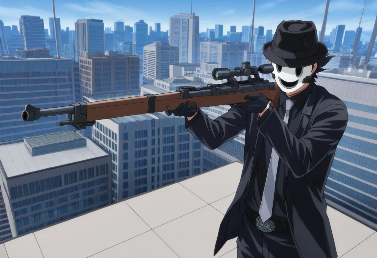 snprmsk, suit, necktie, fedora, sniper rifle, gloves, happy mask, black hair, aiming rifle, aiming sniper rifle, establishing shot, high rise building, city skyline, outdoors,
Premium, superior, excellent, top-tier, first-rate, top-notch, outstanding, exceptional, elite, deluxe, first-class, finest, superb, impeccable, masterful, world-class, remarkable, exquisite, flawless, gold-standard