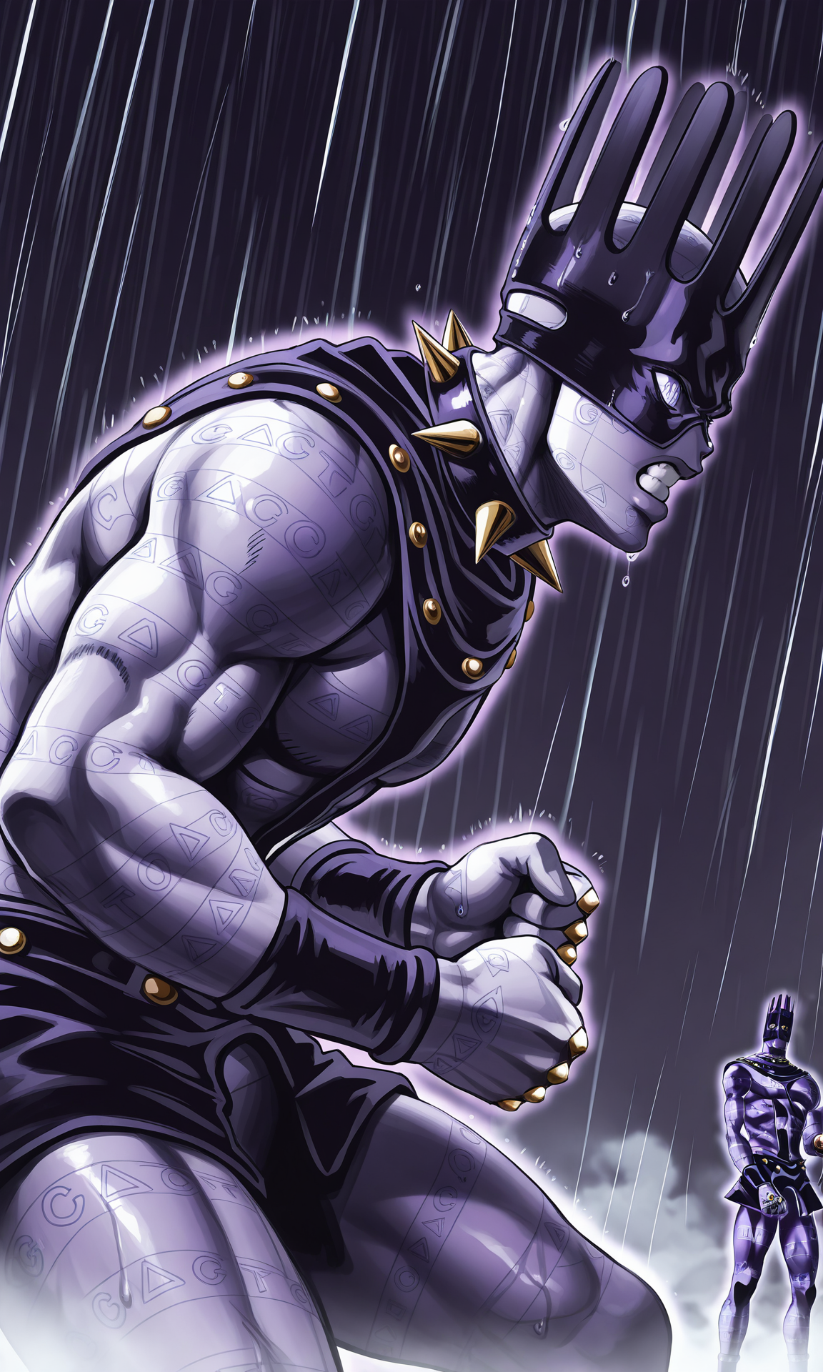 masterpiece,best quality,amazing quality,absurdres,highres,very aesthetic,
painting,stand(jojo),
cowboy shots,from side,
leaning forward,clenched teeth,clenched hands,
white_snake\(jojo_stone_ocean\),
mask,crown,spiked collar,
tattoo,muscular,wristband,
purple skin,glowing,purple outline,glowing outline,realistic,
rain,outside,fog,wet,night,blurry,monochrome,