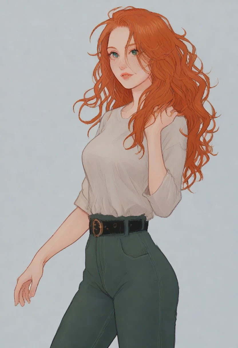 score_9, score_8_up, score_7_up, score_6_up, score_5_up, score_4_up, 1girl, redhead girl, cute 18 years old girl, regular body, fit body, round ass, white skin, perfect face, beautiful, thin lips, big breasts, (((emerald green eyes))), detailed eyes, relaxed expression, soft smile, (light orange hair), long hair, curvy hair, long waves on hair, hair falling on shoulder, large face, large jaw, strong jaw, pointy chin, (((double chin))), thin eyebrows, makeup, freckles
BREAK
military pants, relaxed pose, white undershirt, shirt tucked inside pants, belt, simple background, light grey background, (((photo from the front))), facing the viewer, (((body facing the camera))), looking at the viewer