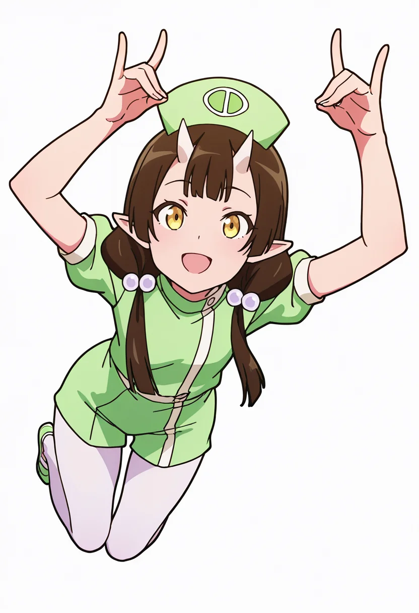 Smooth Quality,masterpiece,very intricate, high quality details, ultra realistic, high detailed skin,detailed enviorement,absurdres,
fox shadow puppet,solo,
<lora:Care_Resumisu_CNR:0.8> care_cnr, 1girl,brown hair, pointy ears, long hair, yellow eyes, oni, low twintails, skin-covered horns, brown eyes, care_green_cnr, green dress, short sleeves, white pantyhose,puffy sleeves, puffy short sleeves, green shirt, shirt, hat, nurse cap, hair bobbles,, simple background, white background, from above,
jumping, arms raised, legs bent, happy face, energetic posture, ,, bolero jacket, ,unitard, ,cargo pants, ,, | |,