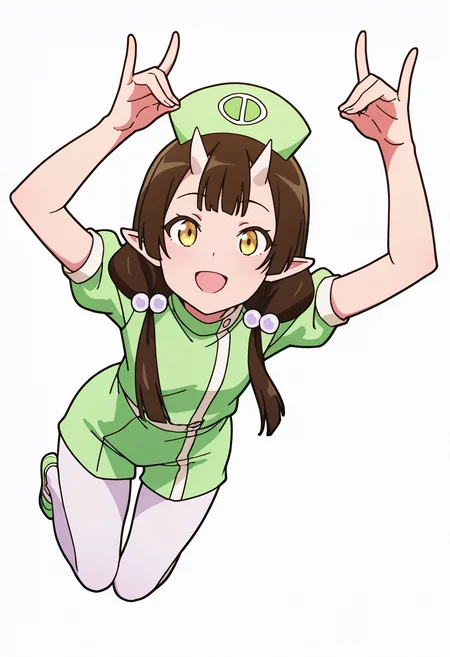 Smooth Quality,masterpiece,very intricate, high quality details, ultra realistic, high detailed skin,detailed enviorement,absurdres,
fox shadow puppet,solo,
 <lora:Care_Resumisu_CNR:0.8> care_cnr, 1girl,brown hair, pointy ears, long hair, yellow eyes, oni, low twintails, skin-covered horns, brown eyes, care_green_cnr, green dress, short sleeves, white pantyhose,puffy sleeves, puffy short sleeves, green shirt, shirt, hat, nurse cap, hair bobbles,, simple background, white background, from above,
jumping, arms raised, legs bent, happy face, energetic posture,  ,, bolero jacket,  ,unitard,  ,cargo pants, ,, | |,
