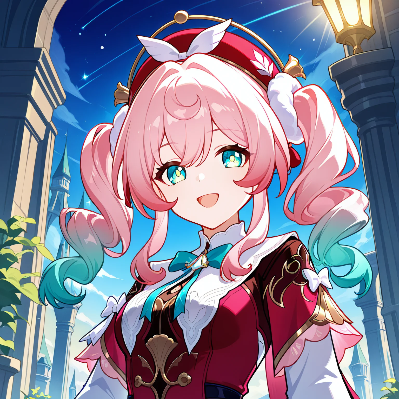 hyacine (honkai: star rail), 1girl, pink hair, red headwear, hat, multicolored hair, smile, twintails, looking at viewer, gradient hair, outdoor, sky, open mouth, detailed background, crown, aqua eyes, green eyes, :d, bow, long hair, long sleeves, upper body, solo, masterpiece, best quality, amazing quality, very aesthetic, absurdres, newest, (scenery, volumetric lighting)