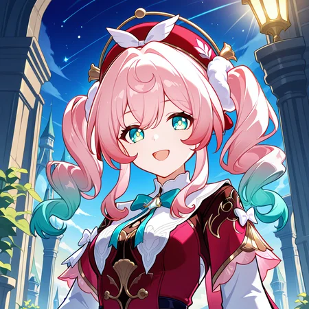 hyacine (honkai: star rail), 1girl, pink hair, red headwear, hat, multicolored hair, smile, twintails, looking at viewer, gradient hair, outdoor, sky, open mouth, detailed background, crown, aqua eyes, green eyes, :d, bow, long hair, long sleeves, upper body, solo, masterpiece, best quality, amazing quality, very aesthetic, absurdres, newest, (scenery, volumetric lighting)