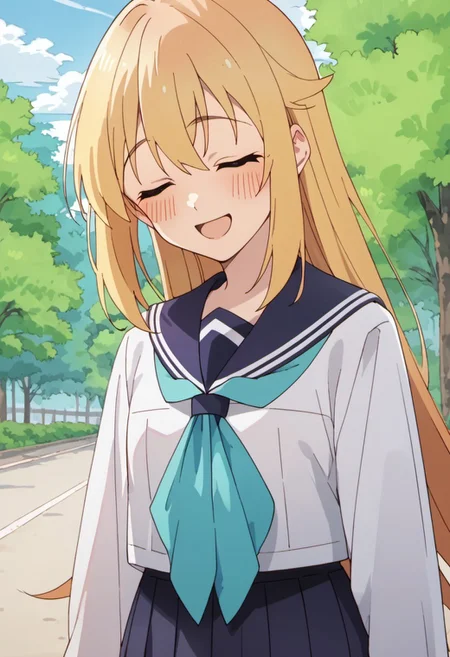 score_9, score_8_up, score_7_up, source_anime, koshi torako, long hair, blonde hair, purple eyes, 1girl, solo, school uniform, closed eyes, smile, serafuku, blush, open mouth, blue neckerchief, tree, neckerchief, sailor collar