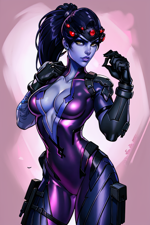 masterpiece,best quality,extreme detail,8k,image sharpness,<lora:widowmaker-10:0.8>, widow2,1girl,solo,long hair,breasts,looking at viewer,gloves,cleavage,jewelry,medium breasts,yellow eyes,ponytail,purple hair,cowboy shot,earrings,artist name,lips,bodysuit,tattoo,makeup,colored skin,lipstick,nose,center opening,stud earrings,holster,purple skin,hair pulled back,purple lips,thigh holster,pink bodysuit,head-mounted display,